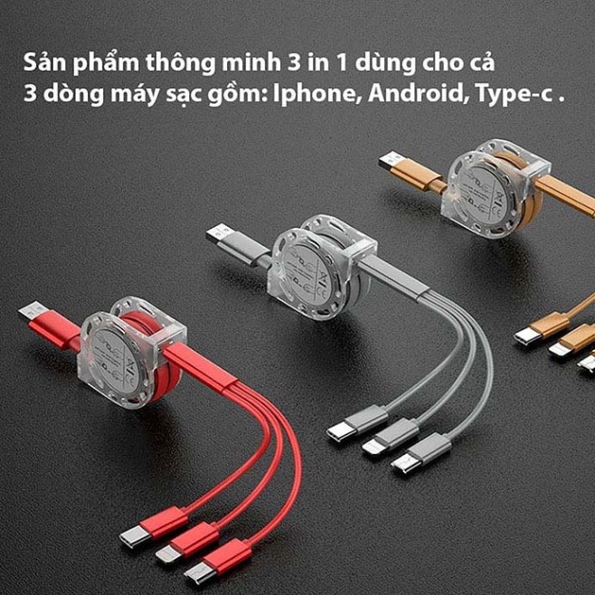 Cáp sạc 3 đầu đa năng hỗ trợ sạc nhanh, dây sạc cuộn tròn tích hợp nhiều dòng điện thoại chống rối dài 1m Angola Bobstor