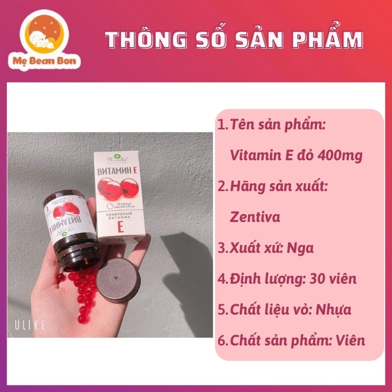 Vitamin E đỏ 400mg (30v), Nga chống lão hóa, ổn định nội tiết cho phụ nữ từ 12 tuổi trở lên