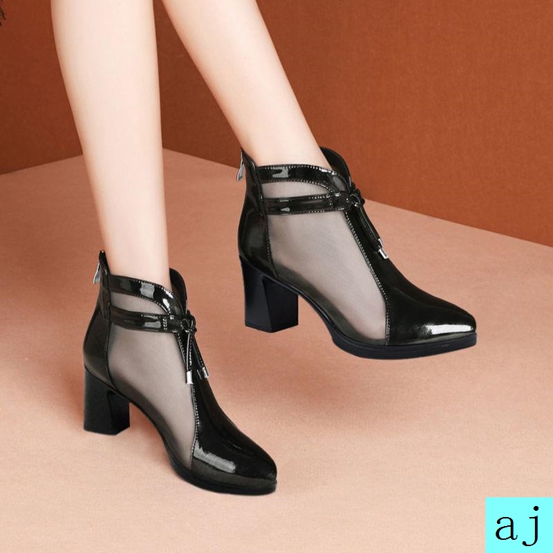 Đôi giày bốt bằng da cổ thấp đế dày phối lưới thoáng khí thời trang xuân hè cho nữ 2021