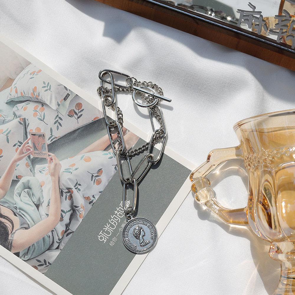 Vòng Tay Dây Xích Dày Khắc Hình Đồng Xu Phong Cách Punk Cổ Điển