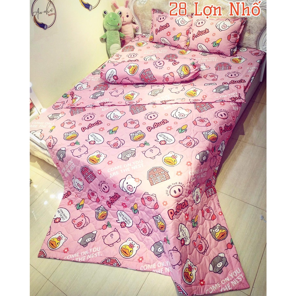 Bộ Chăn hè Ga Gối Cotton Poly Combo 5 Món Mẫu Heo Hồng