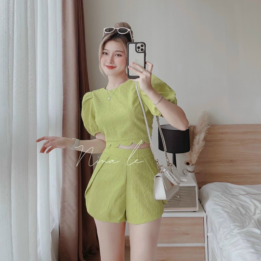 (Miễn Phí Ship 2022) Sét bộ đùi nữ hàng thiết kế,áo tay phồng from croptop sau cột nơ siêu xinh,chất đẹp hàng chuẩn shop