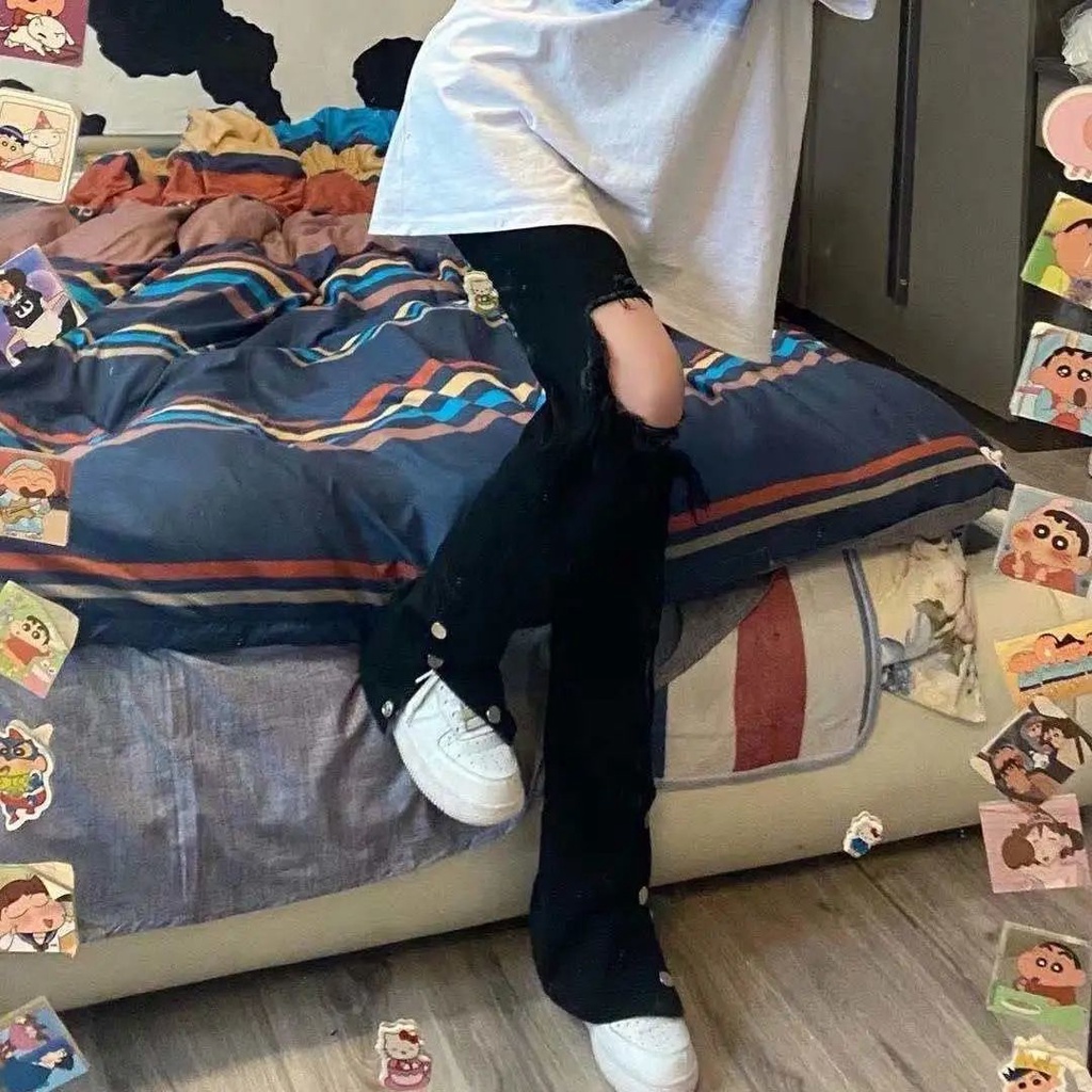 Quần Jeans Nữ Lưng Cao Ống Đứng Rách Gối Thời Trang Hàn