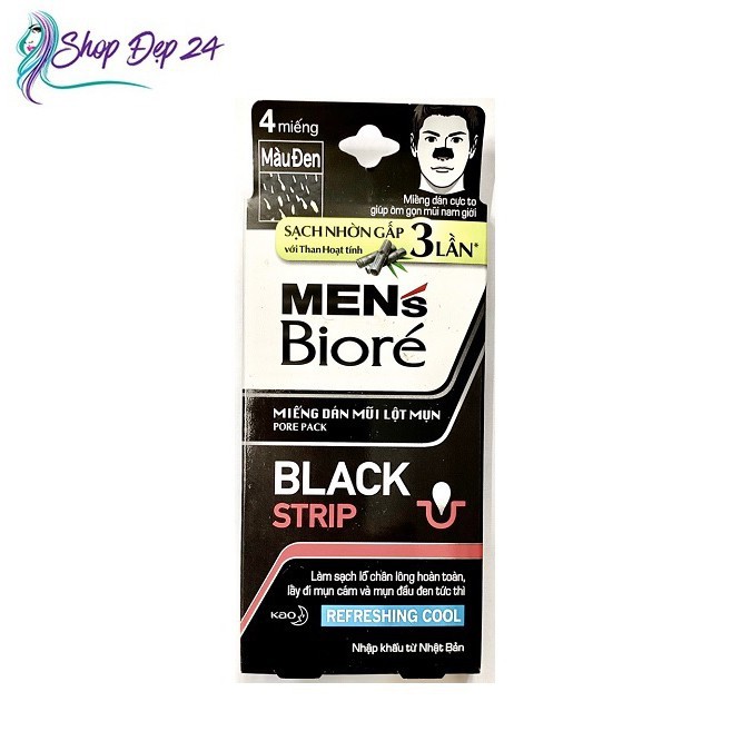 (SIÊU TỐT) Miếng Dán Mũi Lột Mụn Than Hoạt Tính dành cho Nam - Men's Biore Pore Pack Black Strip REFRESHING COOL - 4 MIẾ