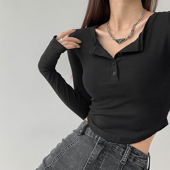 Áo thun COZOK lửng tay dài dáng ôm hở rốn thời trang