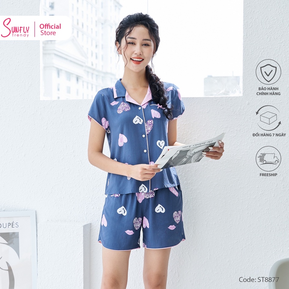 Bộ đồ mặc nhà nữ pijamas lanh SUNFLY áo cộc, quần sooc ST8877