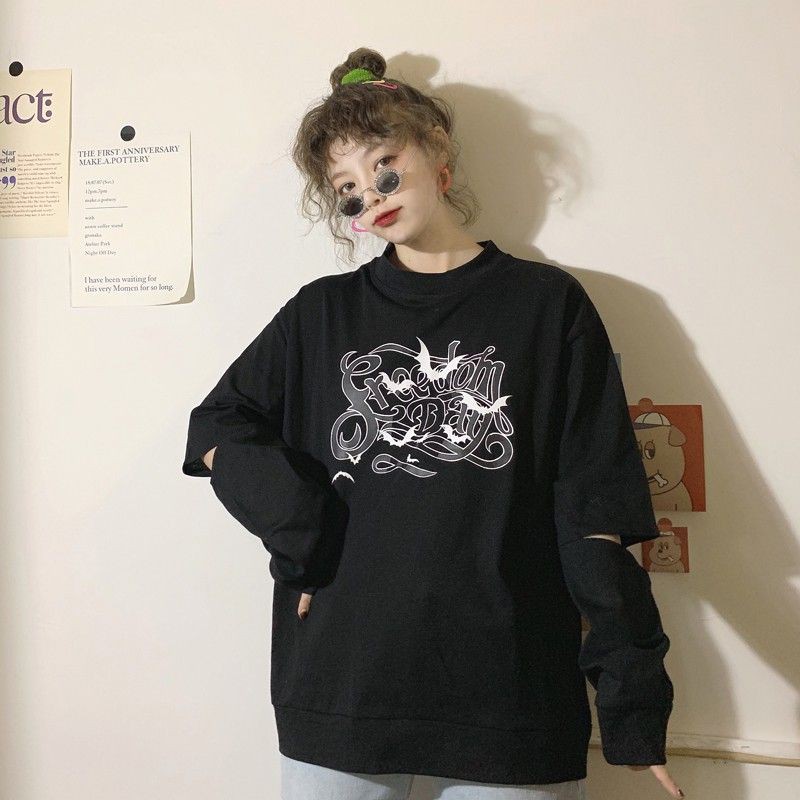 Áo thun nữ tay dài cổ tròn in chữ cá tính khoét tay rách 2 mảnh tay ulzzang ( 3 màu )