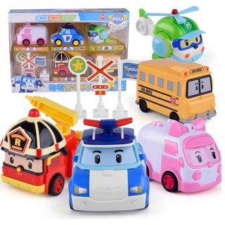 Mô hình xe ô tô robocar poli đồ chơi trẻ em gồm 5 xe cỡ lớn chạy đẩy trớn bằng bánh đà kèm biển báo