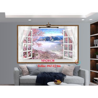 Tranh dán tường 3D Cửa Sổ Hoa anh đào - Chất liệu vải lụa