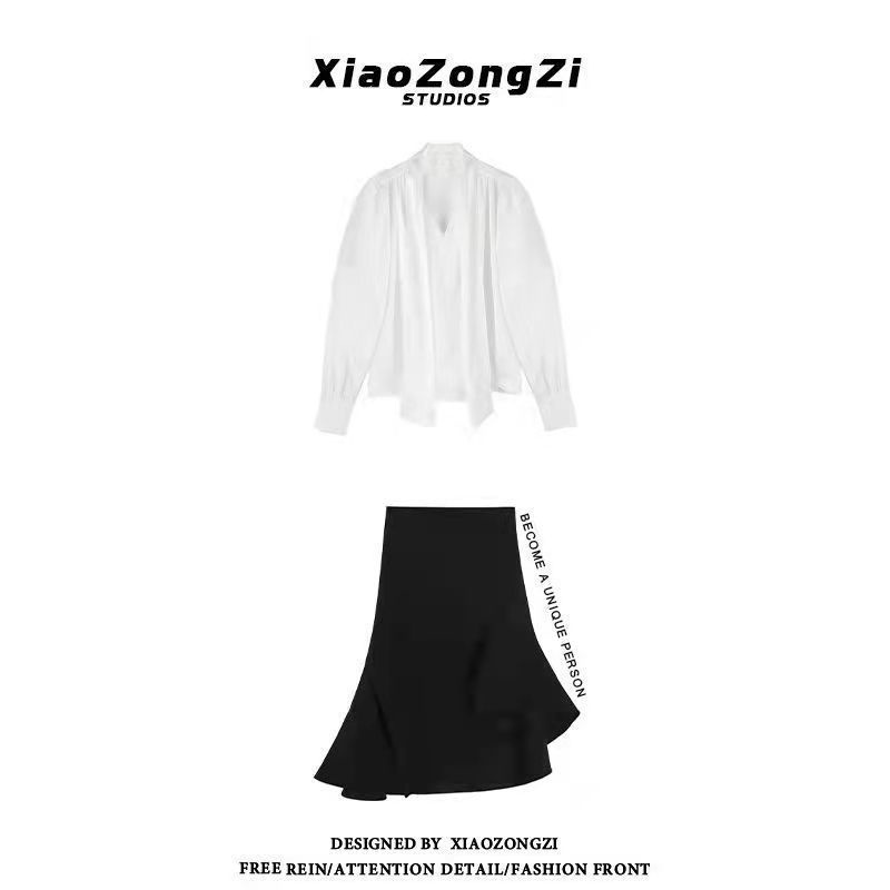 Bộ Áo Sơ Mi + Chân Váy Đuôi Cá Lưng Cao Xẻ Tà Xinh Xắn Dành Cho Nữ
