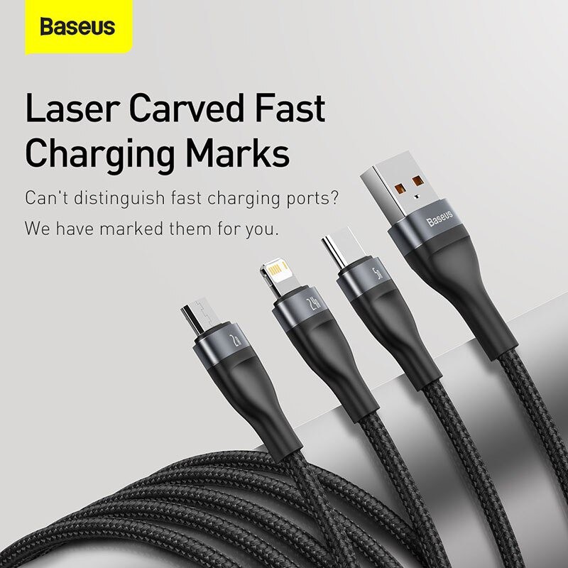 Cáp sạc nhanh 3 đầu Baseus Flash Series 3 in 1 (USB to Type C/ Lightning/ Micro, 5A/40W Quick Charging & Data Cable)