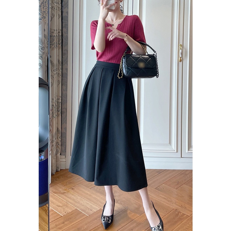 Chân váy midi xếp li dáng dài công sở có túi 2 bên dài 78cm