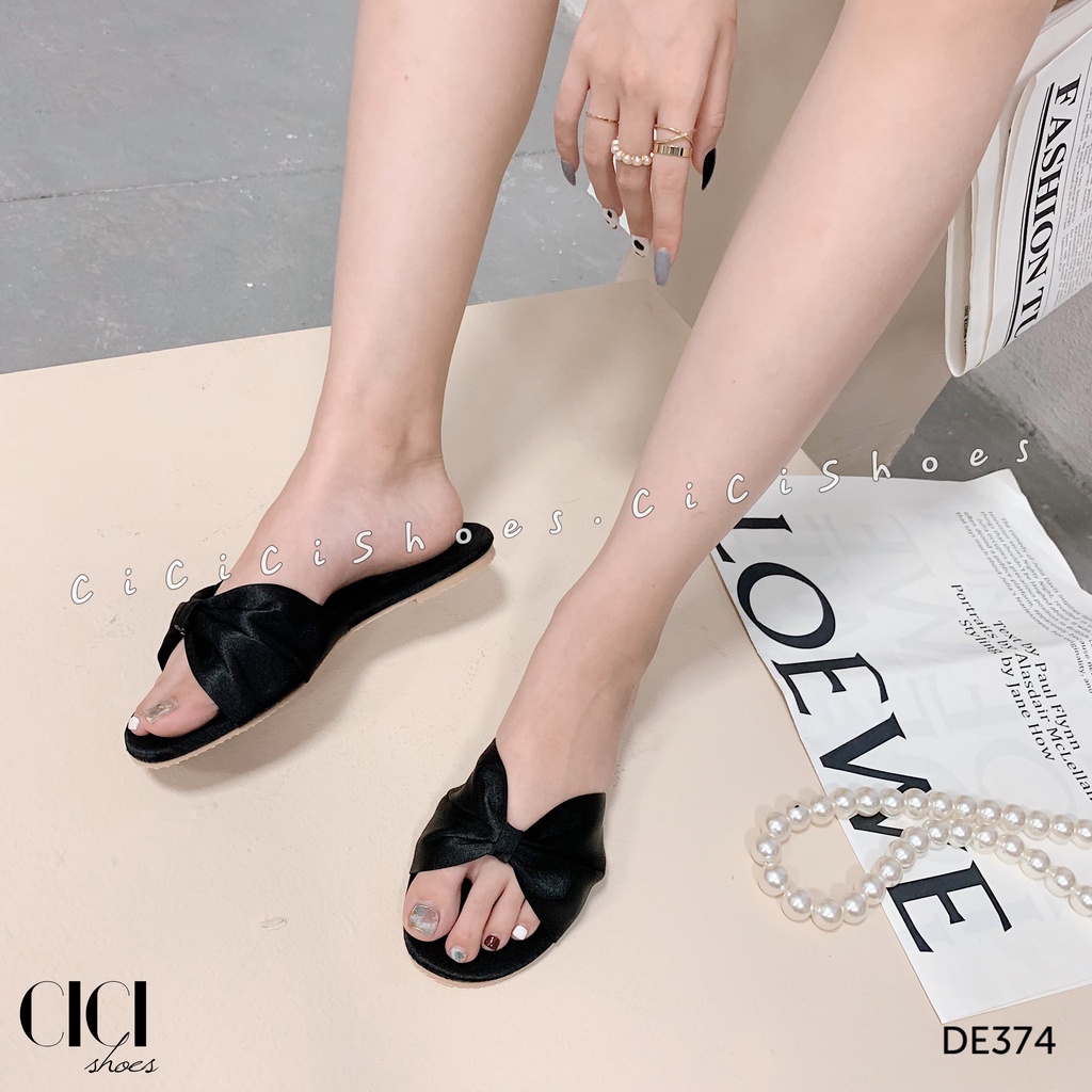 Dép bệt nữ CiCi Shoes mũi tròn, dép lụa thắt nơ giữa - DE374