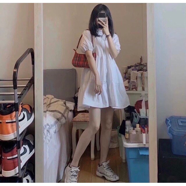 [Ảnh thật] Váy babydoll cổ sơ mi dáng xoè 3 tầng - Đầm sơ mi cổ đức dáng babydoll