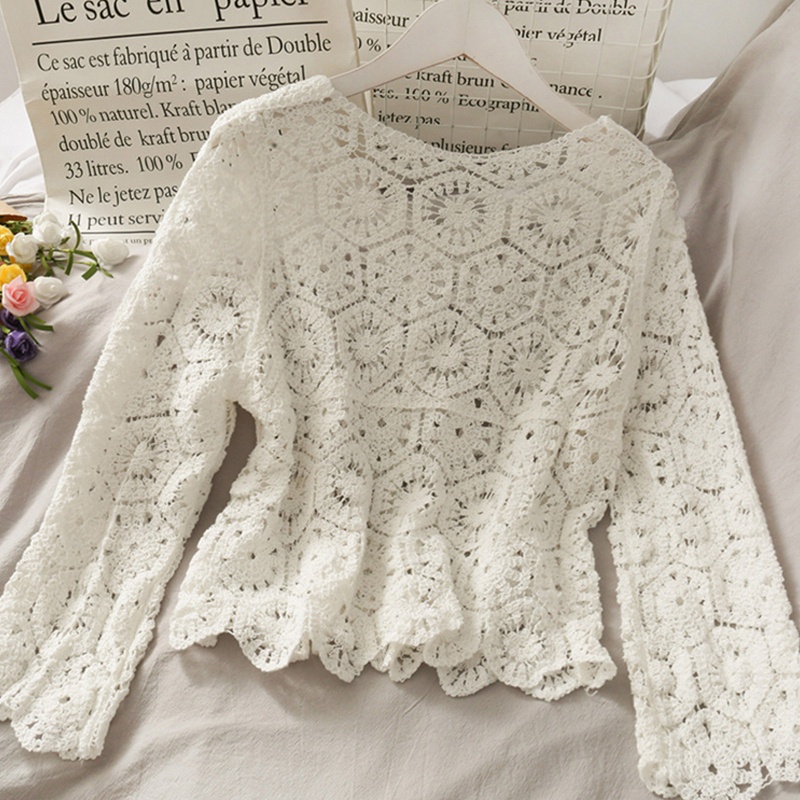 Brroa Áo Cardigan Dệt Kim Mỏng Tay Dài Phối Ren Rỗng Kiểu Pháp Ngọt Ngào Cho Nữ Da