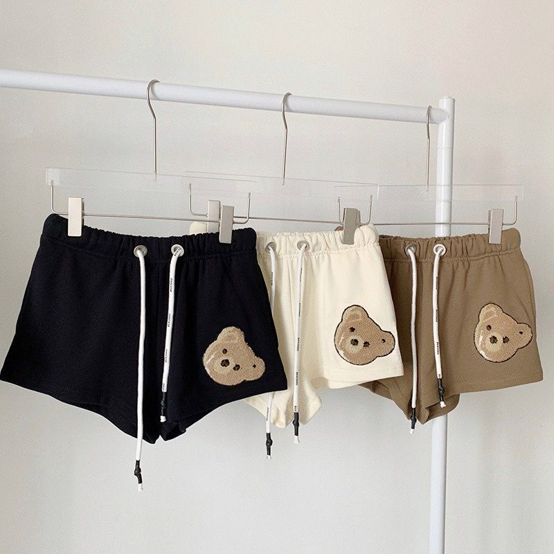 Ảnh thật Quần short lưng cao có dây rút thêu nổi hình gấu,quần tập gym,mặc nhà chất thun co giản thoáng mát ullzang hàn