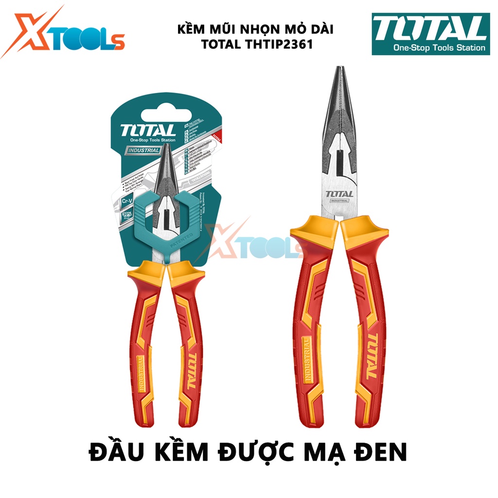 Kìm mũi nhọn mỏ dài cách điện TOTAL THTIP2361 | Kềm cách điện Kích thước 6&quot;/ 160mm, Đầu kềm được mạ đen và đánh bóng, Ta