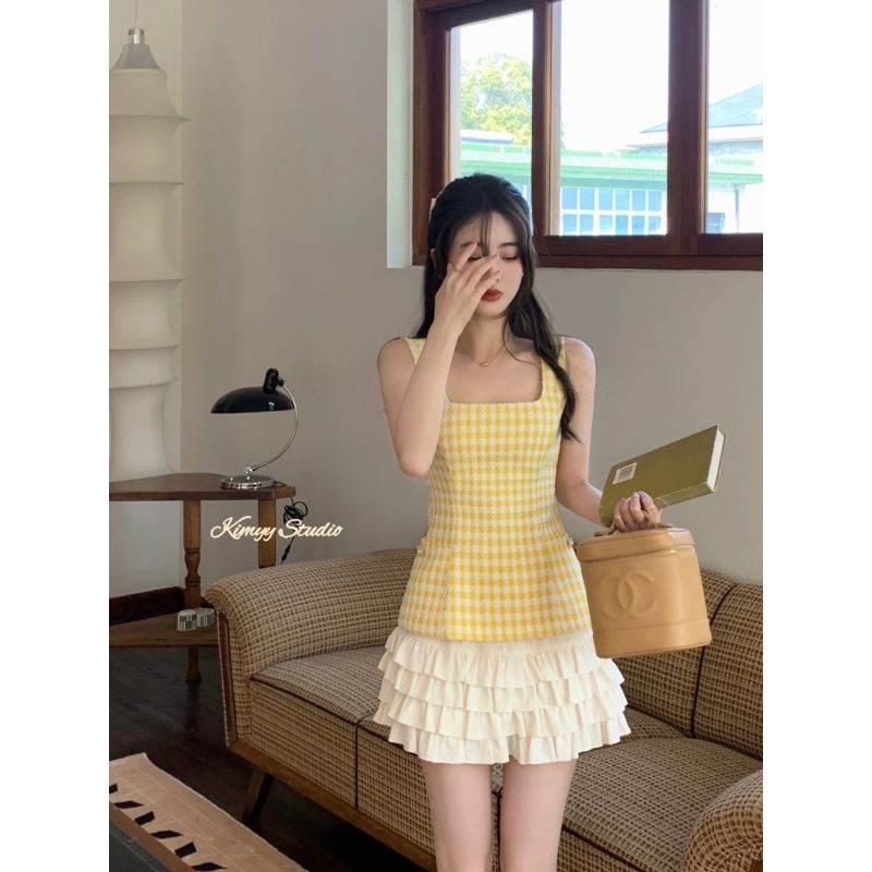 Set Áo Hai Dây + Chân Váy Ngắn Họa Tiết Sọc Caro Phong Cách Retro Thời Trang Cho Nữ