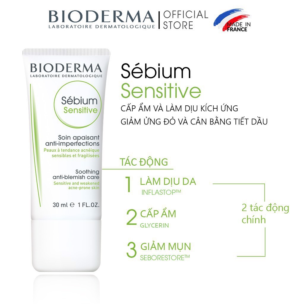 Kem dưỡng ẩm da dành cho da mụn, yếu và nhạy cảm  Bioderma Sebium Sensitive – 30ml