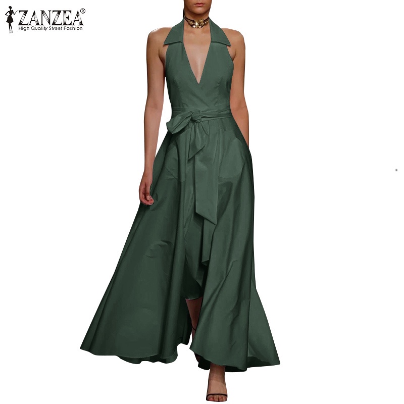 Đầm ZANZEA maxi cổ V không tay màu trơn phong cách châu Âu gợi cảm cho nữ