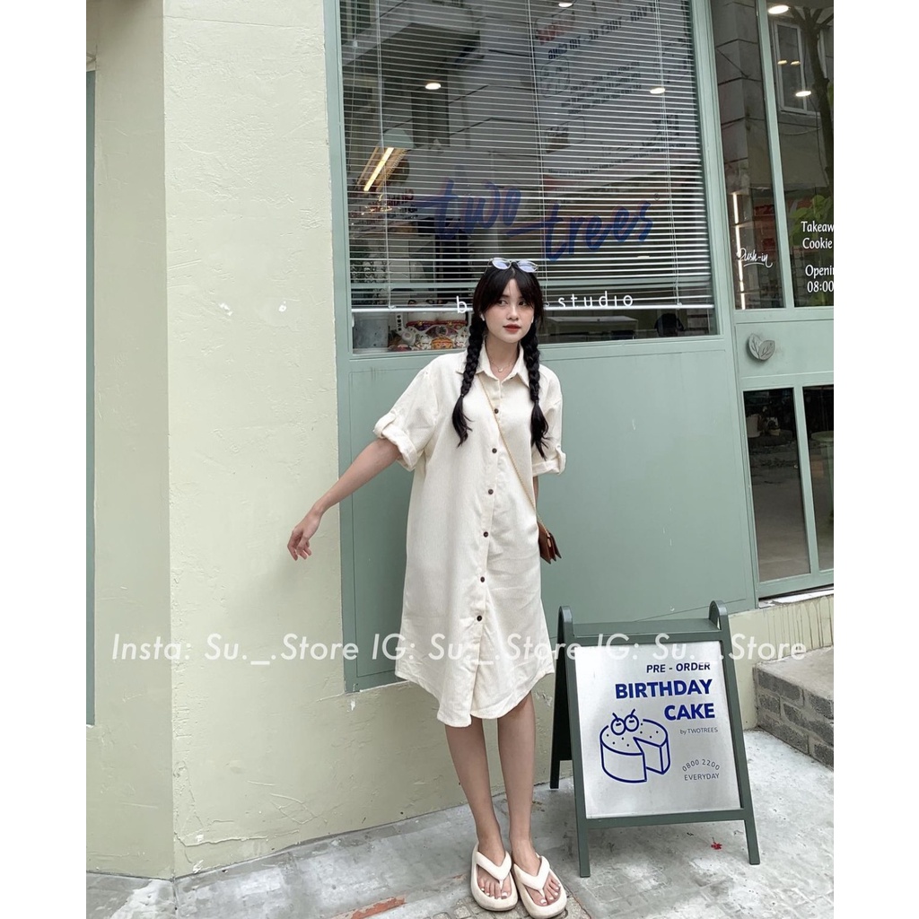 Váy sơ mi nhung tăm dáng Hàn oversize 2022