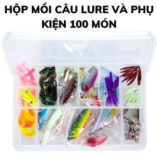 Combo hộp 100 mồi câu lure và phụ kiện câu cá, bộ mồi giả câu cá lóc cá biển, câu lure suối chẽm tráp hiệu quả
