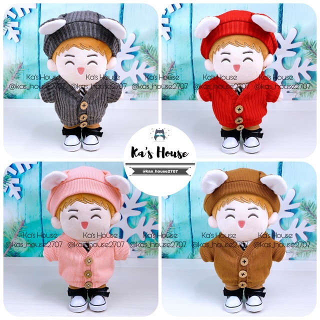 {15cm-20cm} CÓ SẴN - Áo len cadigan, mũ tai thú kèm quần áo cà vạt, outfit doll, outfit cho doll