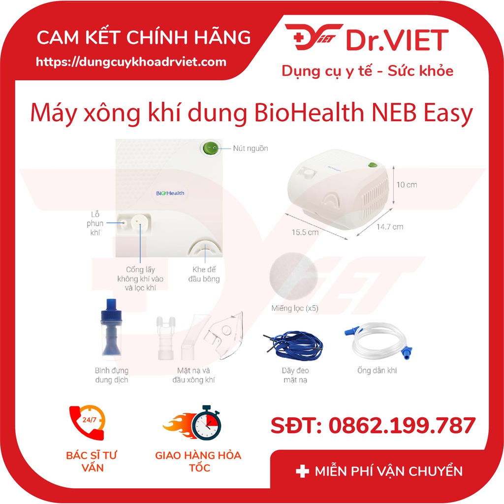 MÁY XÔNG KHÍ DUNG BIOHEALTH NEBEASY (PHÙ HỢP MỌI LỨA TUỔI, TỐC ĐỘ XÔNG KHÍ VỪA PHẢI, HÍT THỞ THOẢI MÁI) - DRVIET