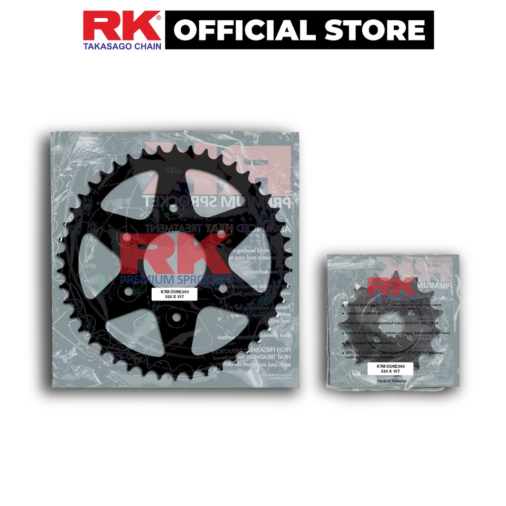 Nhông Dĩa RK Takasago chain cho xe phân khối lớn KTM Duke 390, chất liệu: Thép mạ màu đen, độ dày Nhông Dĩa: 520