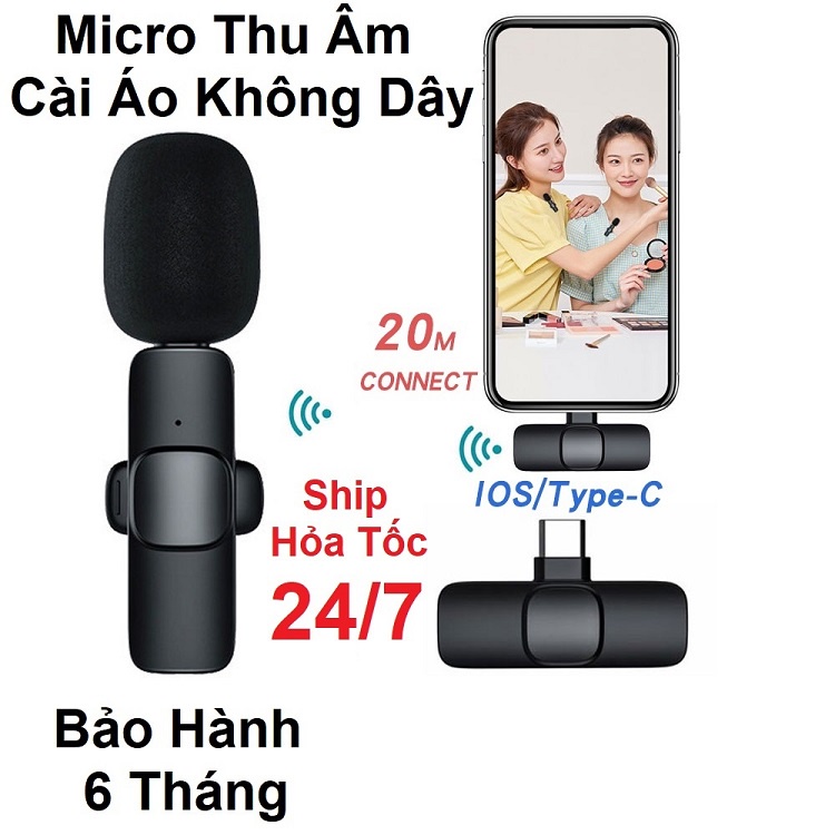 Mic Thu Âm Cài Áo Không Dây, Thu Xa 20M, Dùng Cho Điện Thoại Android/IOS - Livestream - Quay Vlog - Bán Hàng Online