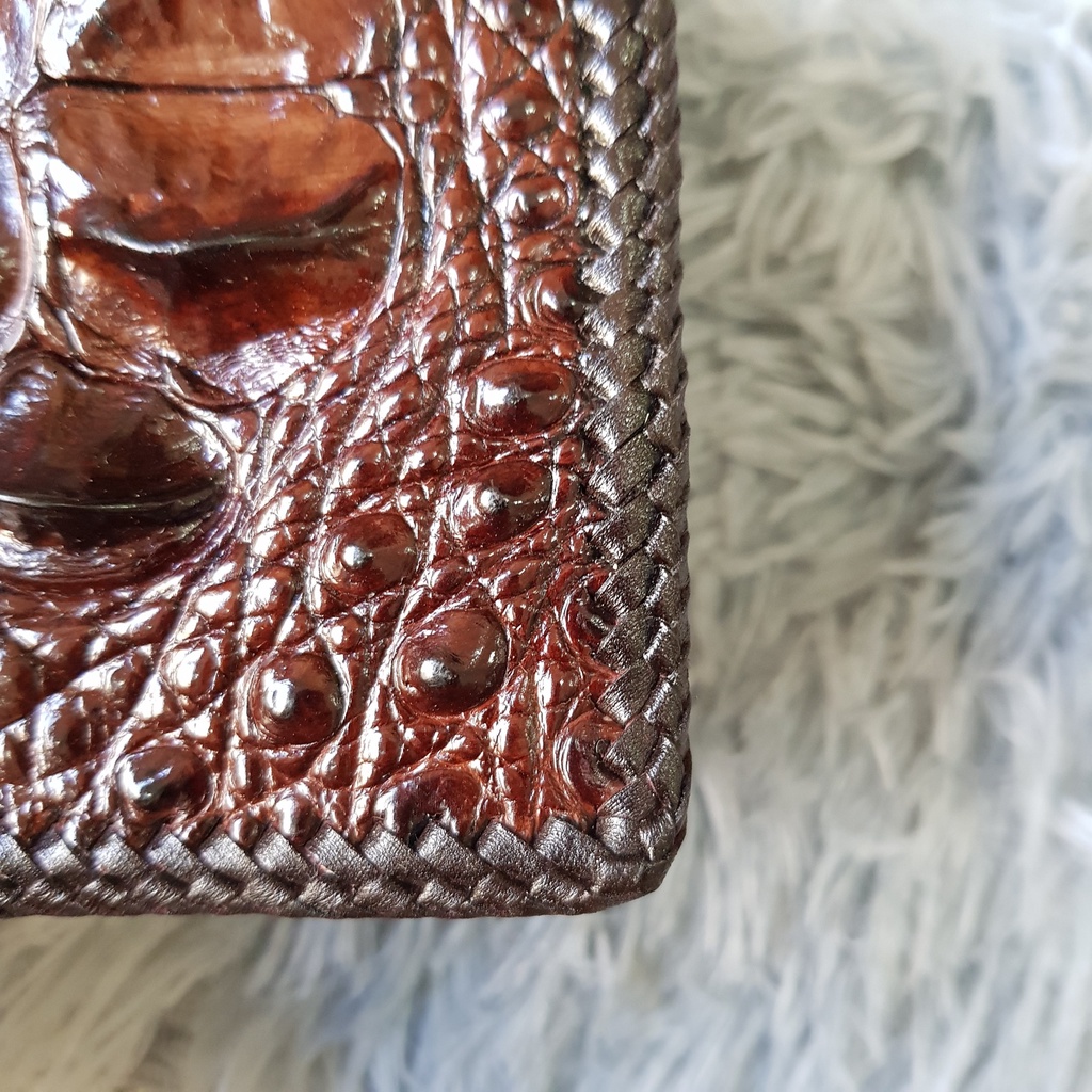 Ví Da Cá Sấu Thủ Công, Gù To | Ví Cá Sấu Đan Viền 2 Mặt |  Màu Nâu Và Đen | Dáng Đứng