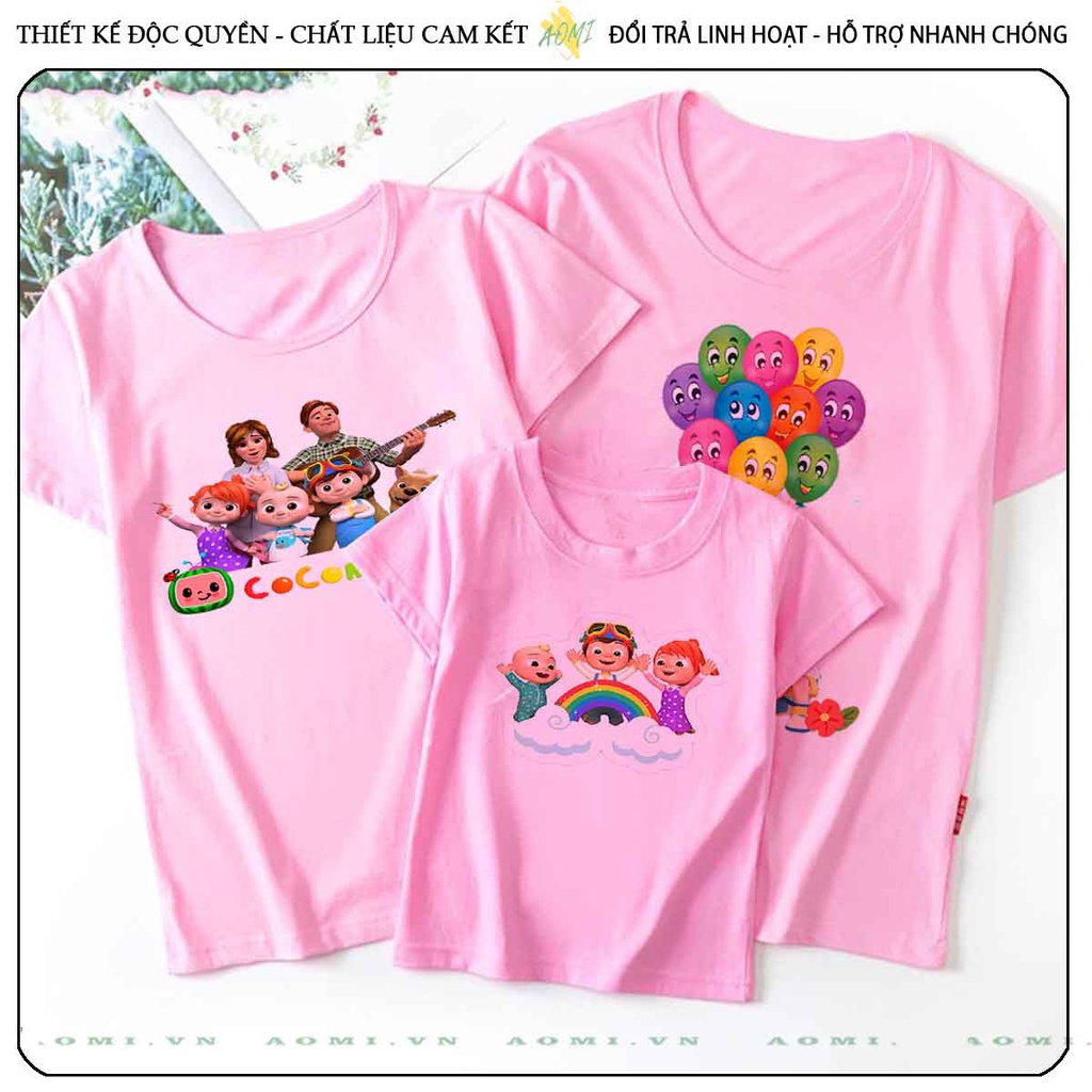 ÁO THUN HOẠT HÌNH cocomelon UNISEX PHÔNG HỒNG TAY NGẮN NAM NỮ GIA ĐÌNH CẶP ĐÔI SIZE TRẺ EM BÉ TRAI GÁI AOMIVN