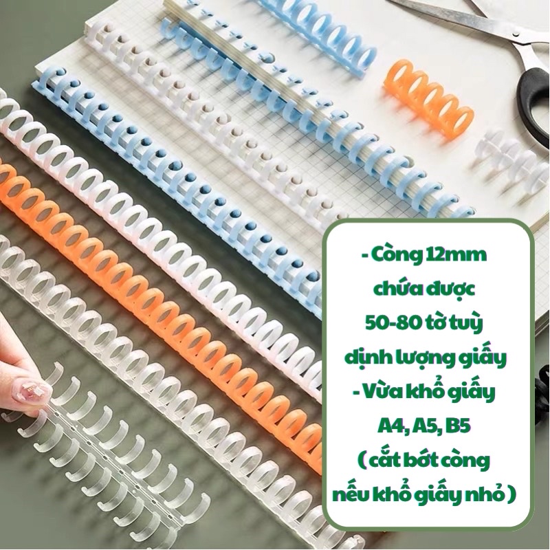 Binder thanh còng nhựa làm sổ Béo shop, kẹp tài liệu đường kính 10mm 12mm bìa màu A5 B5 A4 20 26 30 lỗ