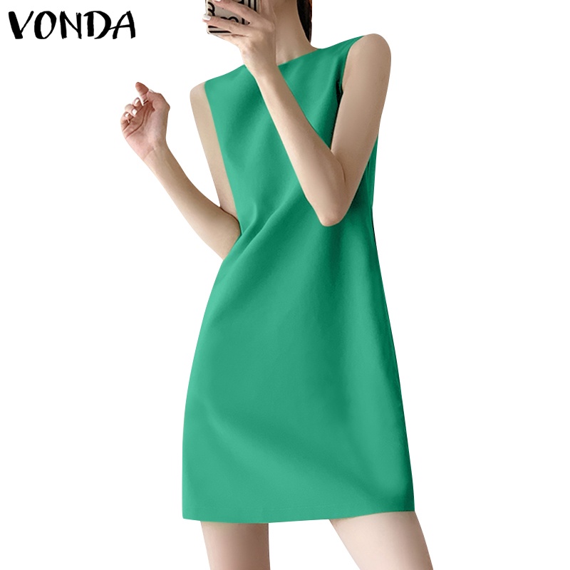 Đầm ngắn VONDA không tay cổ tròn màu trơn thời trang mùa hè Hàn Quốc màu sắc đơn giản dành cho nữ