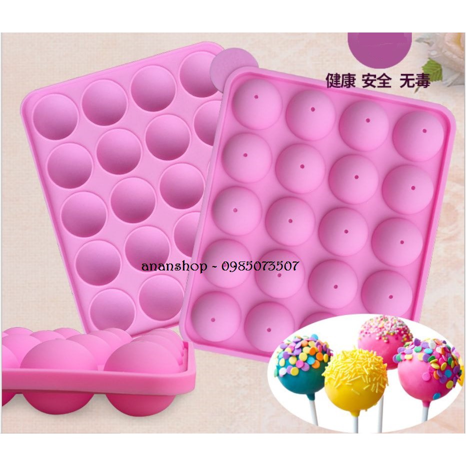 Khuôn silicon cake pop 20 ô (tròn, tim hoa)