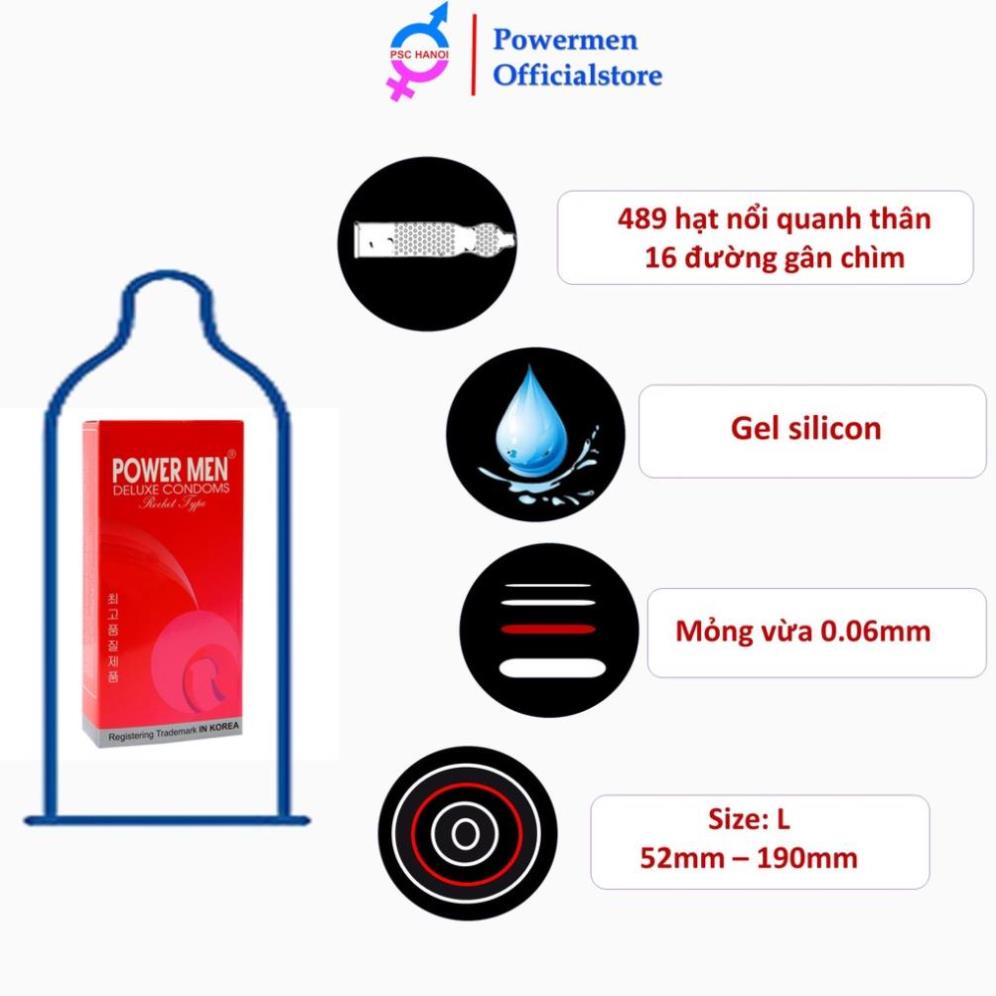 Bao cao su Power Men Rocket Type siêu mỏng gân gai tăng khoái cảm hộp 12 chiếc