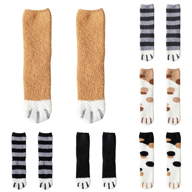 Vớ lông cừu san hô dày dặn giữ ấm thu đông họa tiết chân mèo dễ thương