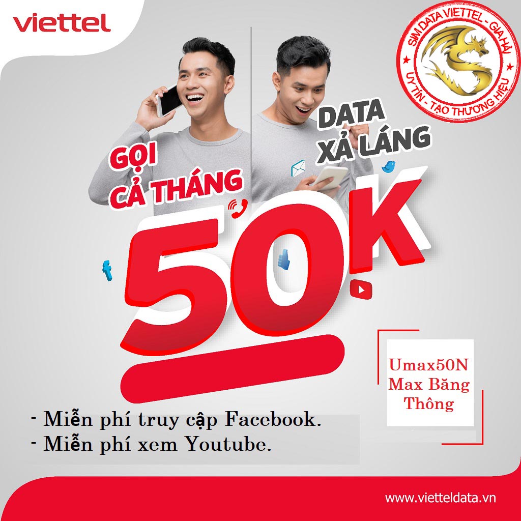 Sim Vào Mạng Viettel Max Băng Thông Tốc Độ Cao, Miễn Phí Lướt Facebook, Zalo, Tiktok, Youtube - Umax50N