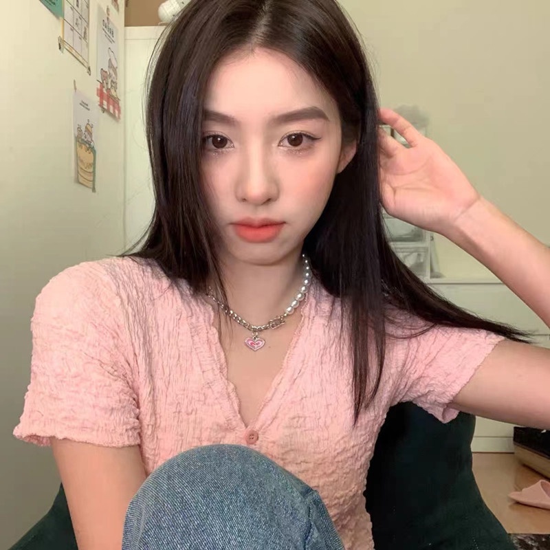 IF ME Vòng cổ Mặt Trái Tim Màu Hồng Đính Ngọc Trai Thời Trang Cho Nữ