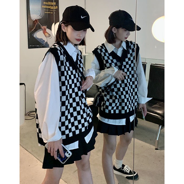 Áo len gile kẻ caro đen trắng unisex nam nữ cổ chữ v phong cách cá tính thời trang thu đông Hàn Quốc M32HD | BigBuy360 - bigbuy360.vn