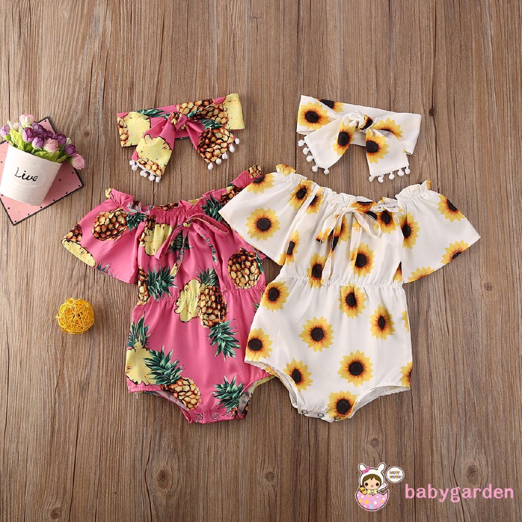 Set Áo Liền Quần In Hình Quả Dứa &amp; Băng Đô Quấn Đầu Cho Bé Gái