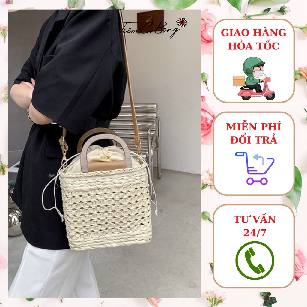 Túi cói dáng đứng quai gỗ (Hàng có sẵn)