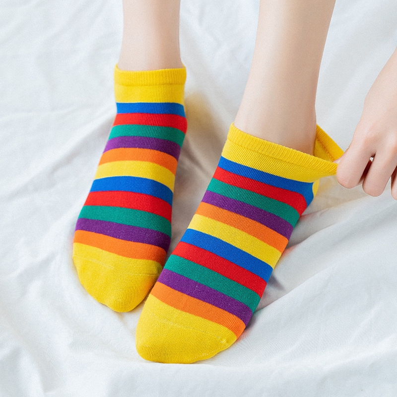 1 Đôi Tất Cotton Cổ Thấp Kẻ Sọc Cầu Vồng Chất Lượng Cao Phong Cách Hàn Quốc Cho Nữ