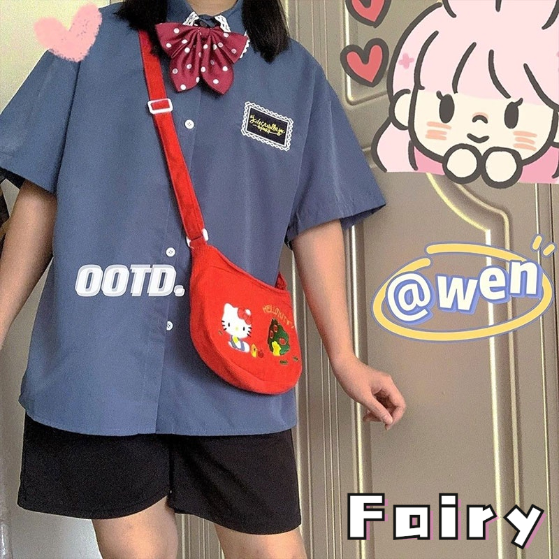 Túi Đeo Chéo Vai Vải Nhung Kẻ Thủ Công Màu Khối Hình Hello Kitty vintage niche