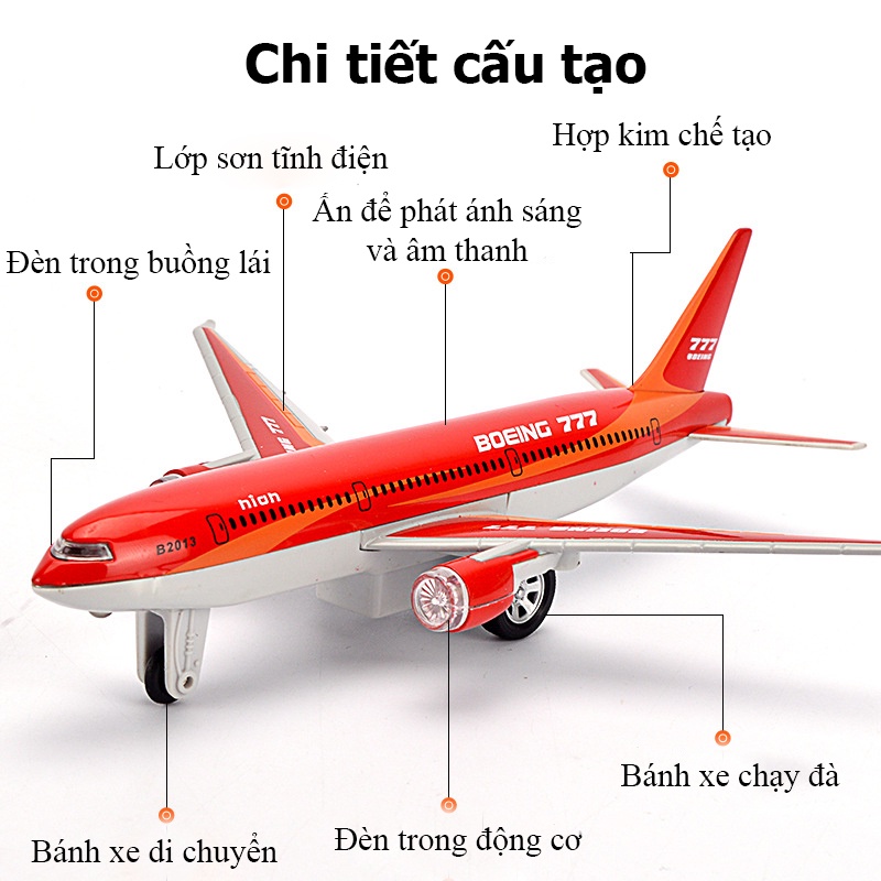 Đồ chơi mô hình máy bay Boeing 777 KAVY có âm thanh và ánh sáng bằng hợp kim kèm bánh xe và chân đế trang trí