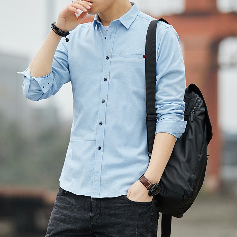 Áo Sơ Mi Nam Dài Tay Chất Đũi Xước Cổ Bẻ Cao Cấp Phong Cách Hàn Quốc