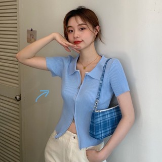 Áo Sơ Mi Tay Ngắn Trơn Màu Phối Khóa Dây Kéo Phong Cách Hàn Quốc