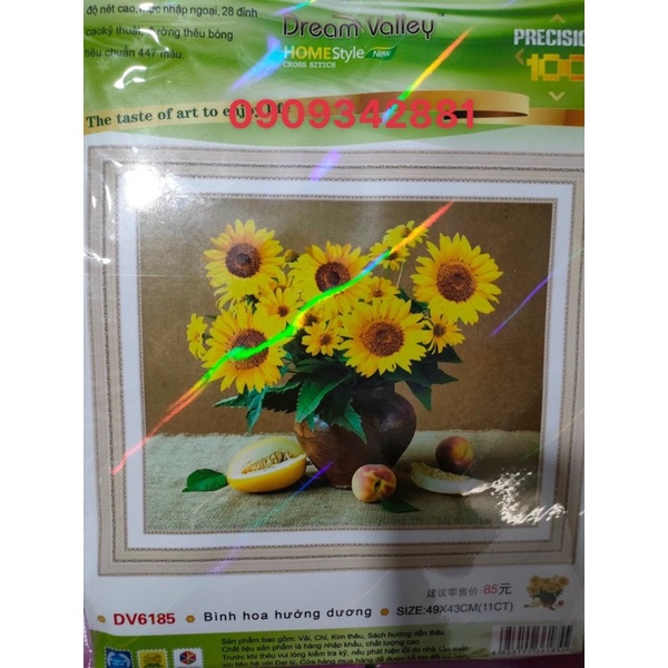 Tranh thêu Chữ thập Bình hoa hướng dương chim công Dream valley mẫu mới DV6185(49*43cm )chưa thêu