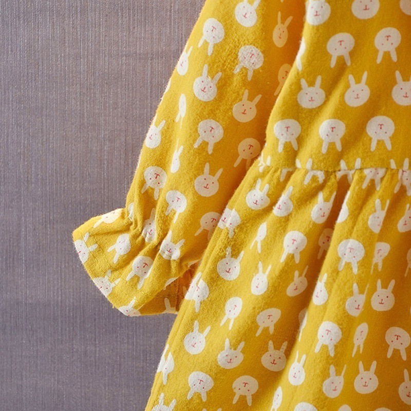 Đầm xòe tay dài họa tiết chú thỏ đáng yêu cho bé gái