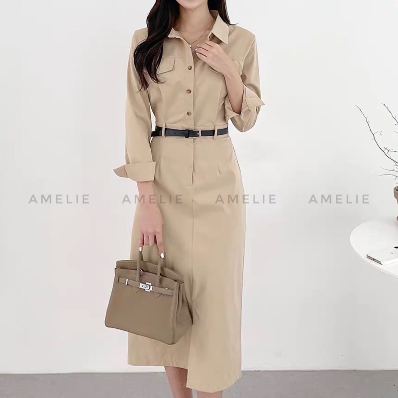 Váy kaki cổ sơmi dáng suông kèm đai